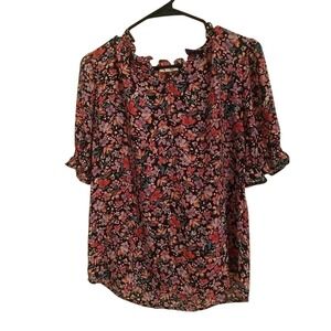 Floral Print Ruffle Neck Top Flowy Blouse 3/4 Sleeve Lightweight S‎